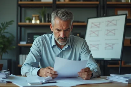 Producteur homme en bureau examinant des papiers pour article