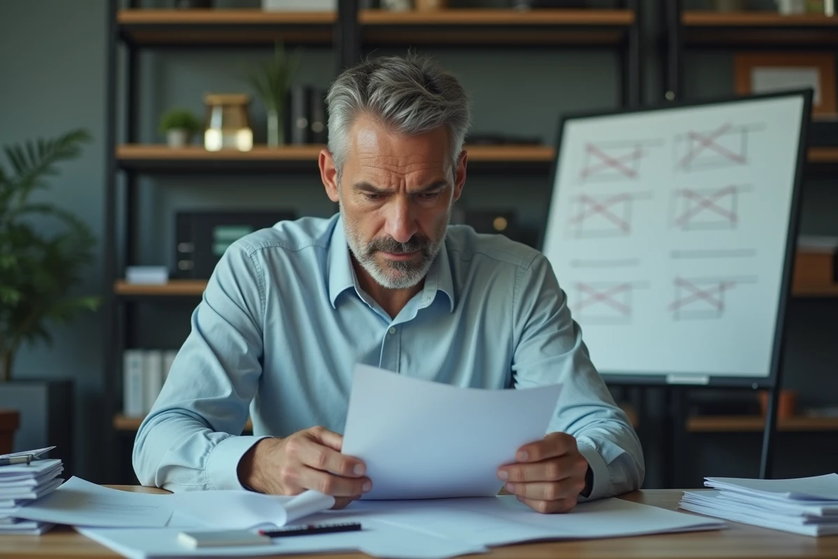 Producteur homme en bureau examinant des papiers pour article