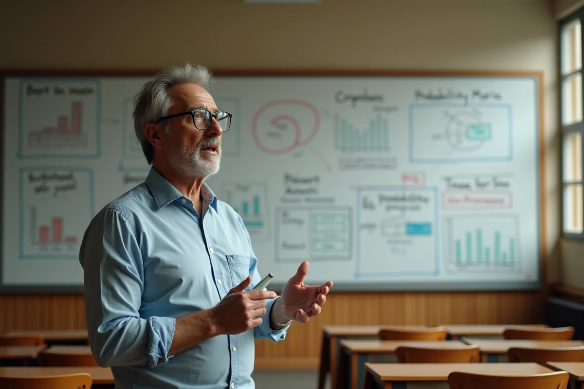 Professeur expliquant des théories de classification des risques devant un tableau blanc dans un amphithéâtre universitaire