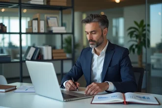 Professionnel financier en réunion dans un bureau moderne