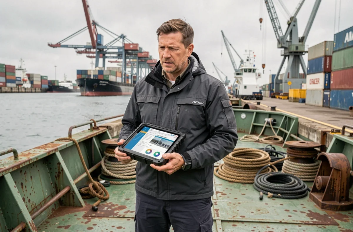 Professionnel de l'industrie nautique consultant un tableau de bord de veille sur tablette sur le pont d'un bateau de travail dans un port commercial