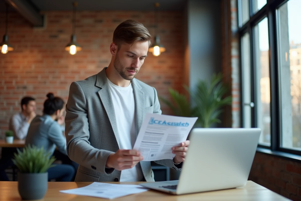 Jeune professionnel debout dans un espace de coworking analysant une stratégie de mise en forme de posts LinkedIn avec gras