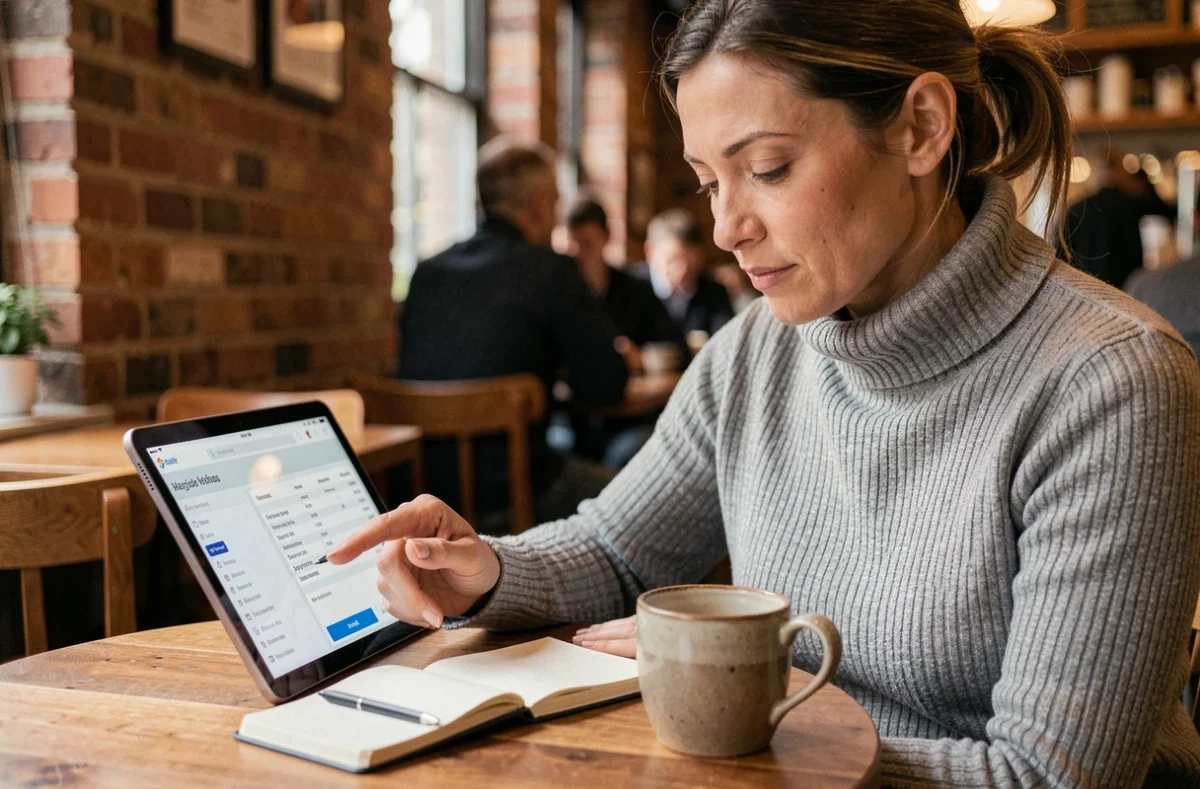 Professionnelle en portage salarial gérant ses factures et son temps de travail dans un café urbain