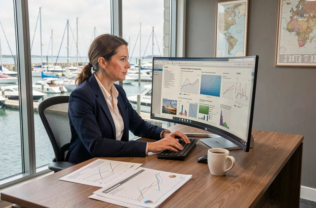 Professionnelle du secteur nautique consultant des rapports de veille industrielle sur un écran dans un bureau de marina moderne avec vue sur le port