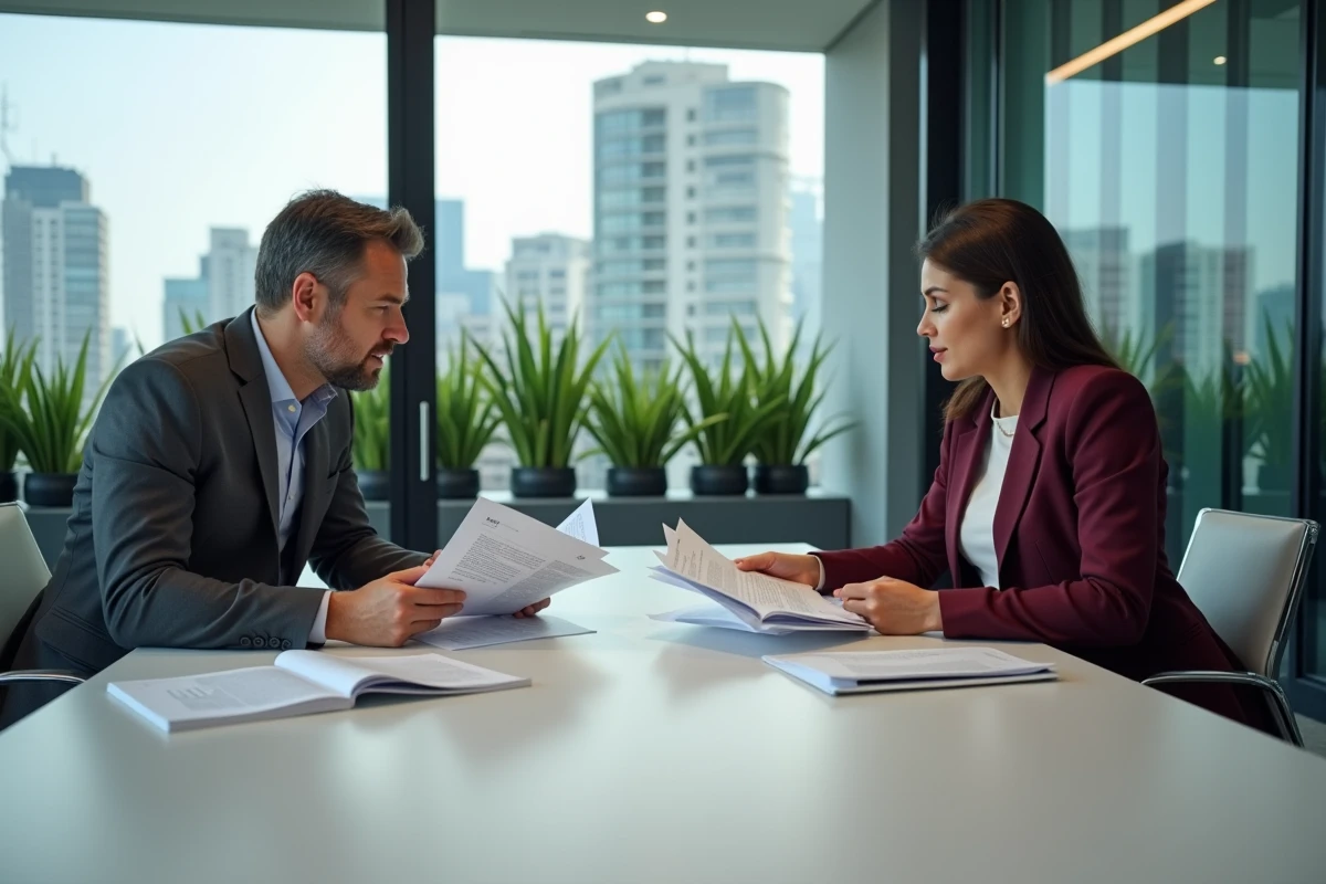 Deux professionnels B2B discutant d'une stratégie de marque autour d'un document de brand guidelines