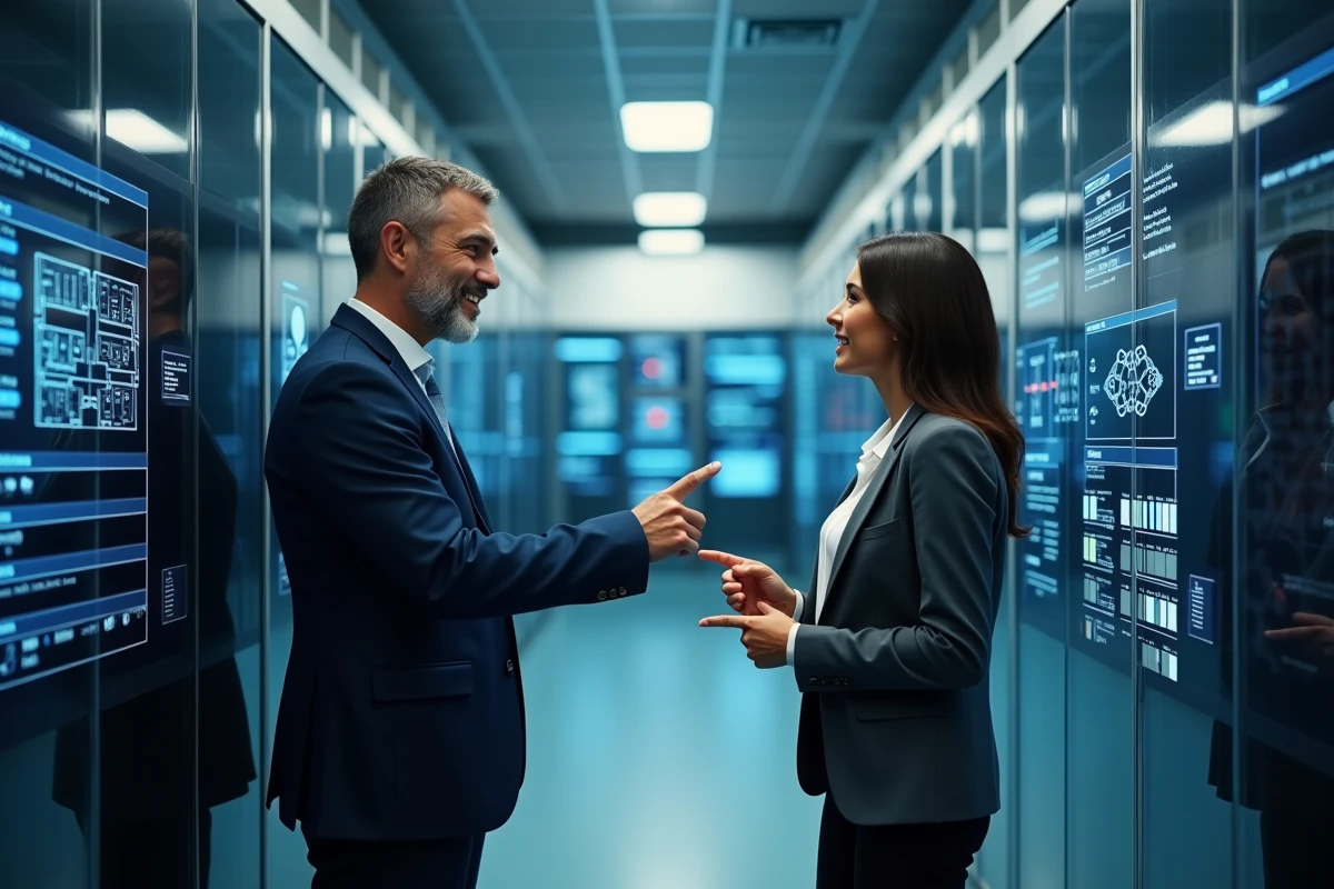 Deux professionnels consultant une interface de gestion de bâtiment dans une salle serveur pour un projet SVC Center