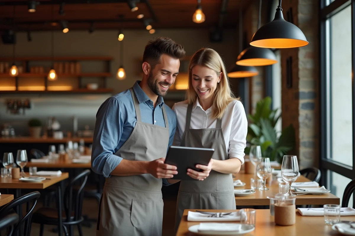 Deux propriétaires de restaurant consultant ensemble le système Restorium lors de la mise en place du service