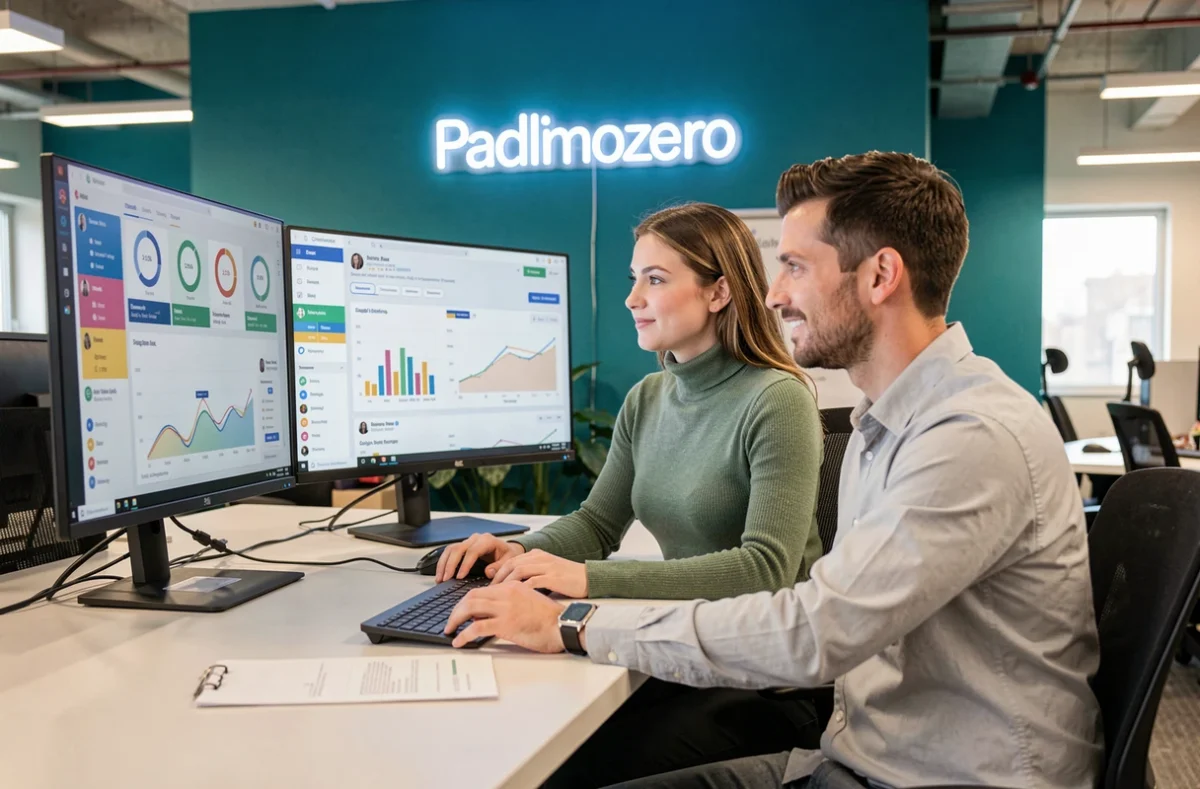 Deux stratèges marketing analysant des performances de campagne digitale chez PumpUp en Isère