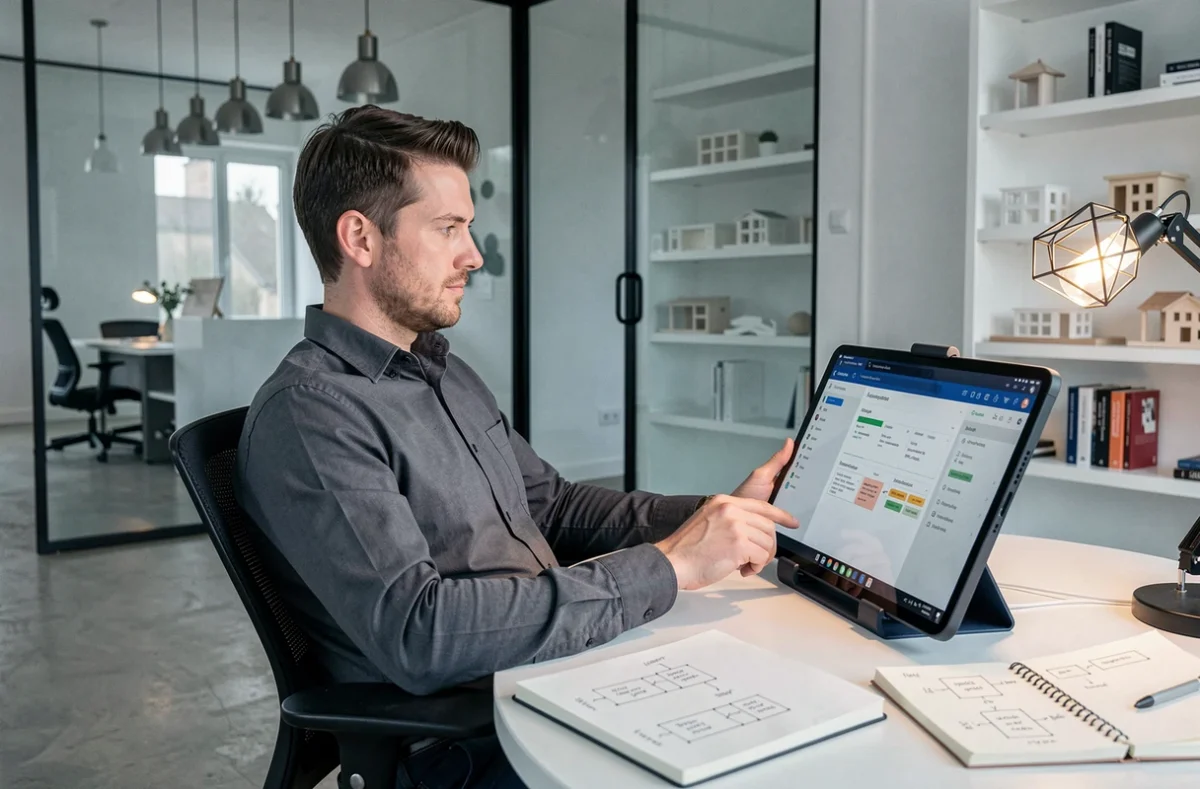 Stratège web de l'agence Quintae analysant un tableau de bord de gestion de projet sur une tablette dans un studio minimaliste moderne