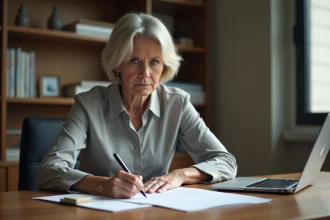 Femme rédigeant une lettre de dénonciation anonyme à l'URSSAF à son bureau à domicile