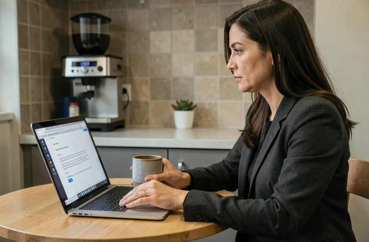 Femme au bureau rédigeant un message de condoléances en ligne sur son ordinateur portable dans une salle de pause