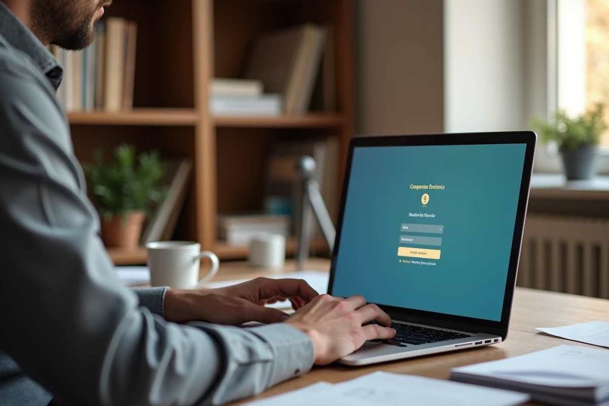 Homme consultant un portail RH en ligne pour récupérer un mot de passe oublié depuis son domicile