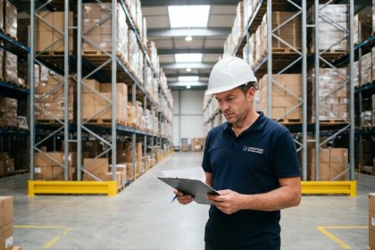 Responsable logistique inspectant des rayonnages industriels métalliques dans un entrepôt du sud-ouest de la France