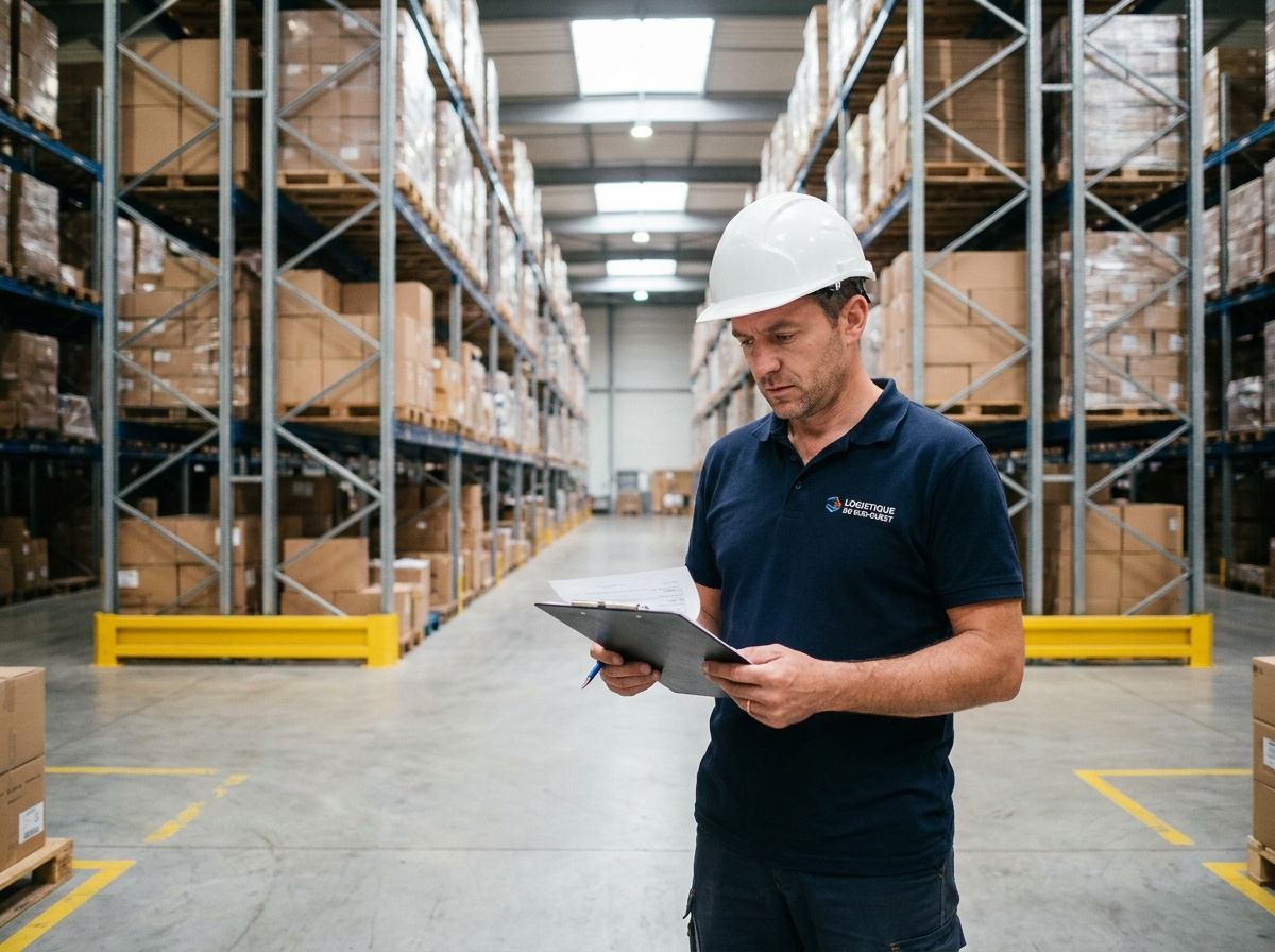 Responsable logistique inspectant des rayonnages industriels métalliques dans un entrepôt du sud-ouest de la France