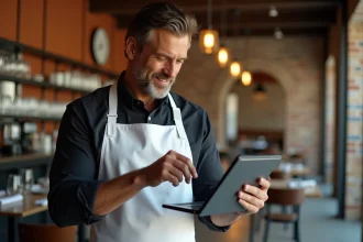 Restaurateur consultant l'interface de gestion Restorium sur une tablette dans son bistro moderne