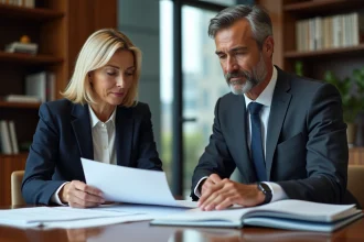 Deux professionnels en réunion d'affaires avec documents