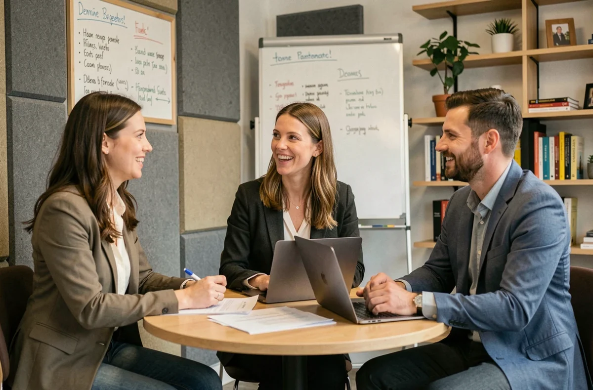 Groupe de professionnels en réunion collaborative dans un espace de coworking à Orléans