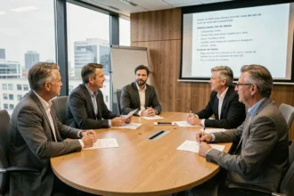 Groupe de professionnels réunis autour d'une table de réunion formelle consultant un ordre du jour imprimé lors d'une commission administrative locale