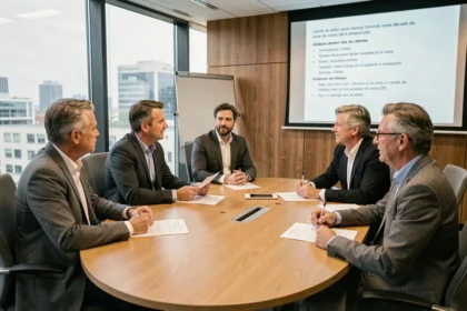 Groupe de professionnels réunis autour d'une table de réunion formelle consultant un ordre du jour imprimé lors d'une commission administrative locale