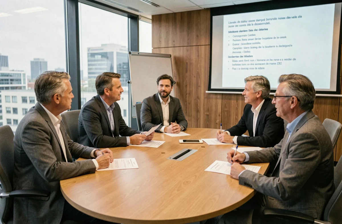 Groupe de professionnels réunis autour d'une table de réunion formelle consultant un ordre du jour imprimé lors d'une commission administrative locale