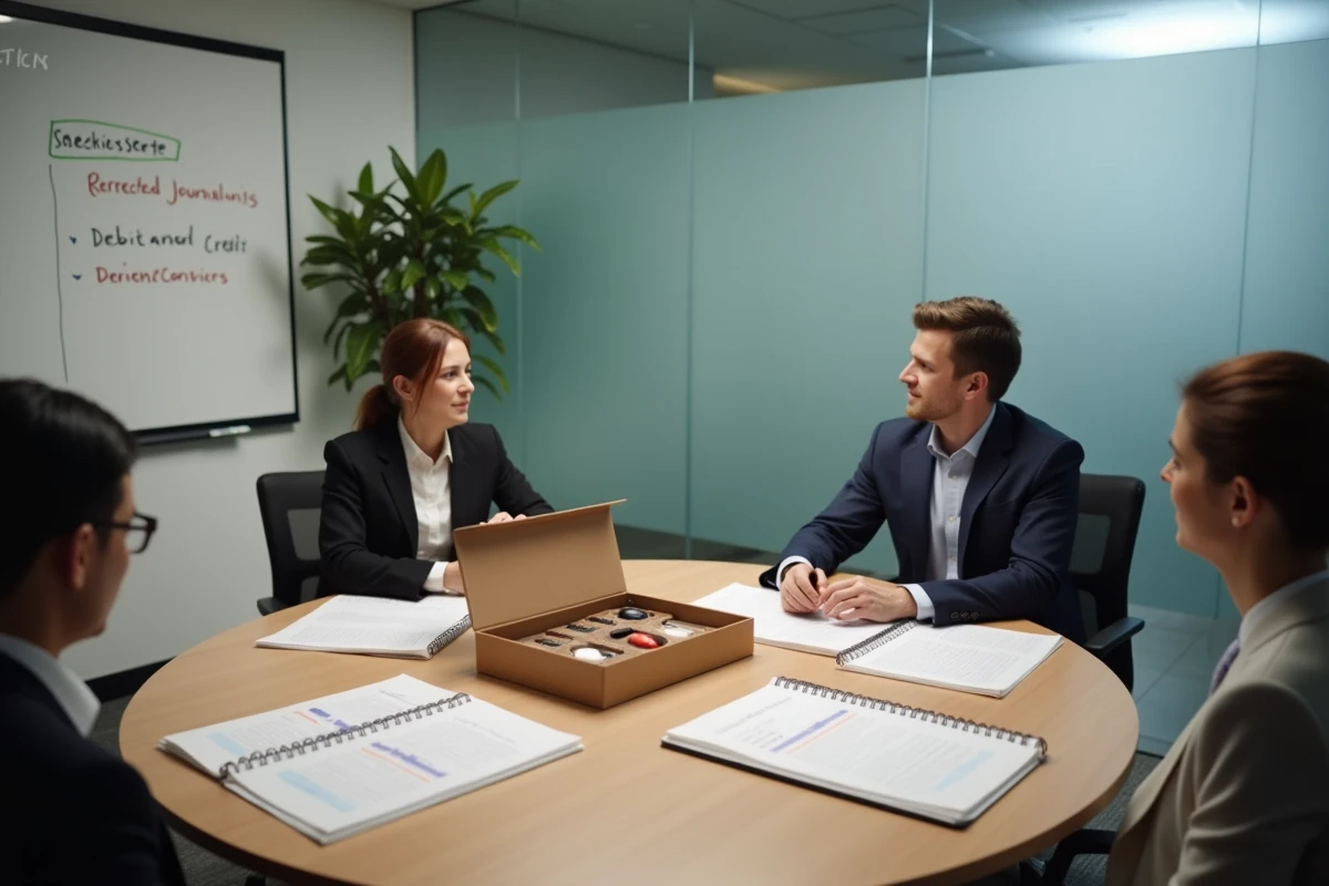 Réunion de deux professionnels analysant des corrections comptables liées aux cadeaux salariés en salle de conférence