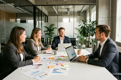Réunion stratégique d'équipe autour d'une table avec graphiques de croissance et tableau de bord numérique dans un bureau moderne en 2026