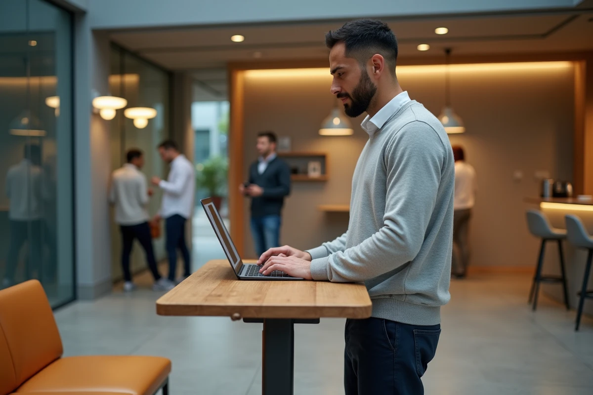 Salarié consultant les informations des représentants du personnel et du CSE sur l'intranet de son entreprise depuis un espace de travail moderne