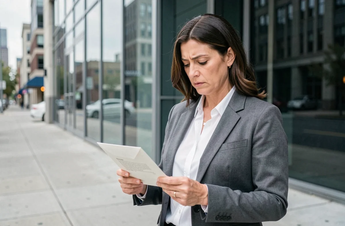 Femme cadre tenant une enveloppe devant un immeuble de bureaux, symbolisant une rupture professionnelle ambiguë