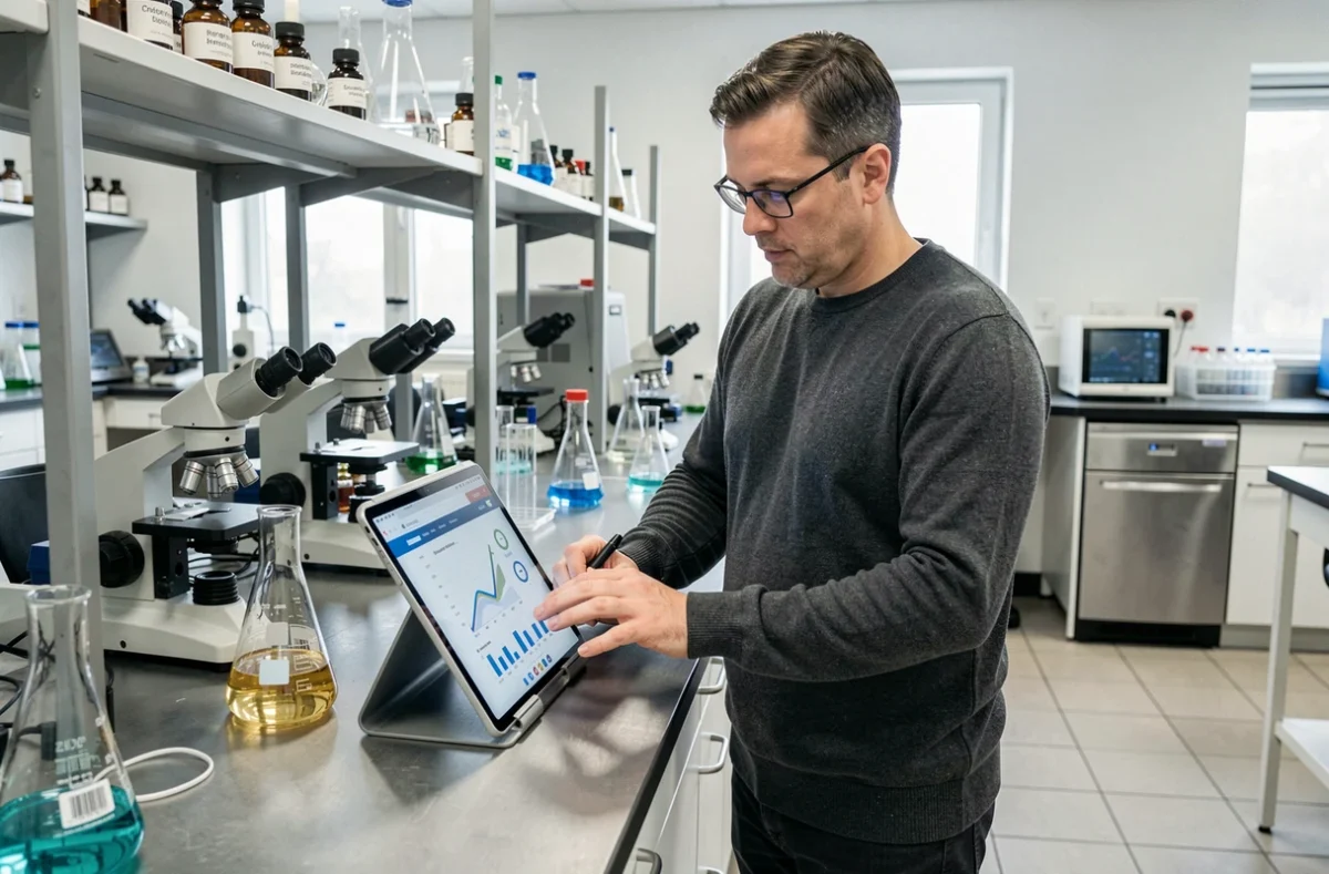 Scientifique consultant une plateforme de ressources scientifiques sur tablette dans un laboratoire moderne