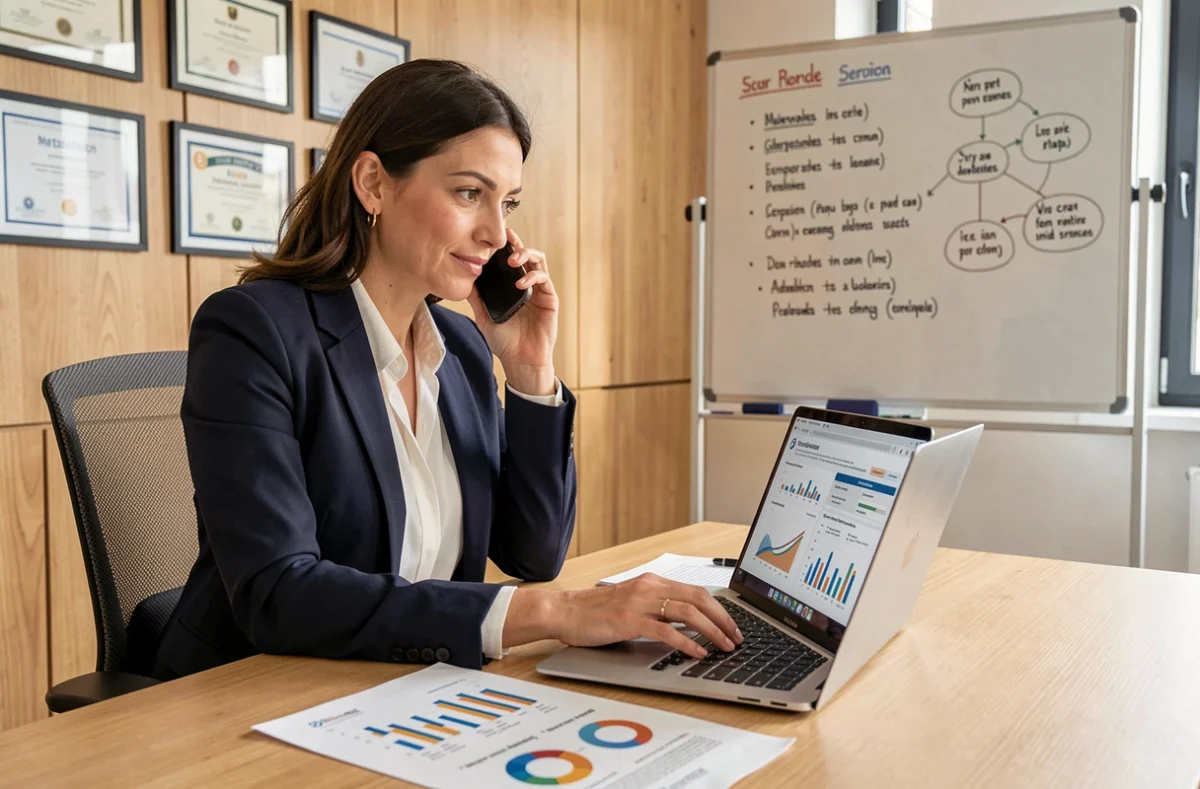 Responsable marketing de Service Pro Marketing analysant une stratégie digitale dans un bureau professionnel lumineux