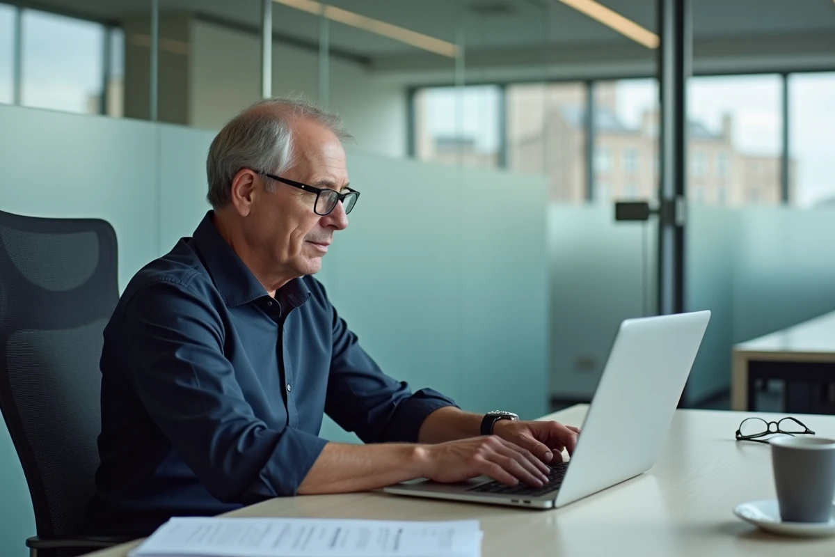 Homme en entreprise rédigeant un signalement anonyme sur ordinateur dans un bureau professionnel
