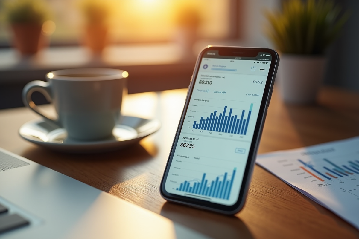 Écran de smartphone avec graphiques et notification mail le matin
