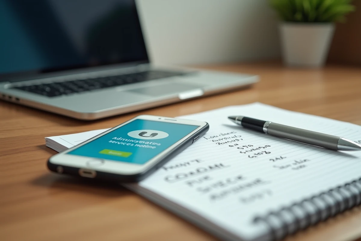 Smartphone affichant un numéro de téléphone Urssaf posé sur un bureau avec un bloc-notes annoté pour micro-entreprise