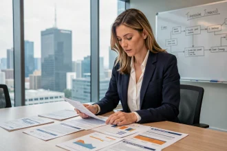 Professionnelle analysant des catalogues fournisseurs internationaux dans une salle de réunion moderne pour optimiser sa stratégie d'achats