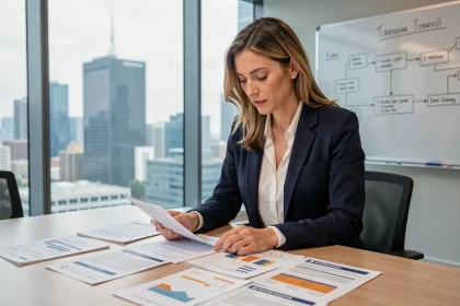 Professionnelle analysant des catalogues fournisseurs internationaux dans une salle de réunion moderne pour optimiser sa stratégie d'achats