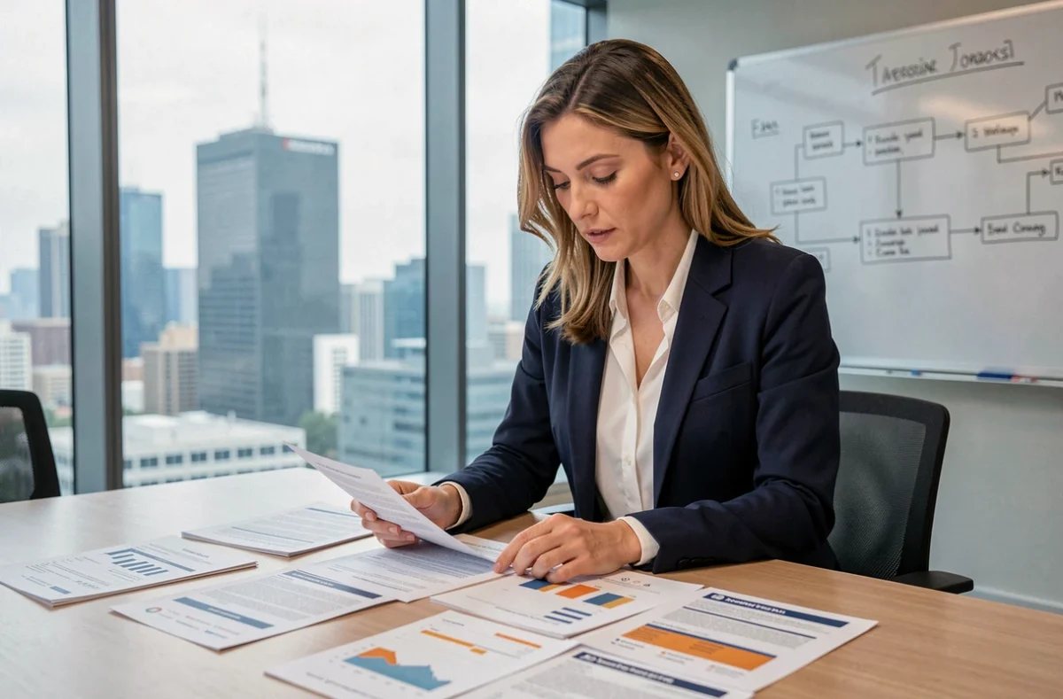 Professionnelle analysant des catalogues fournisseurs internationaux dans une salle de réunion moderne pour optimiser sa stratégie d'achats
