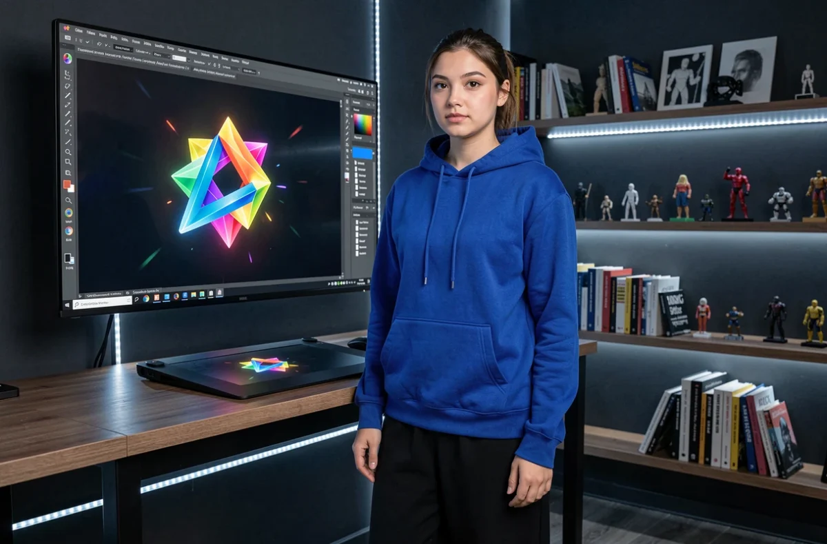Motion designer présentant une animation de logo dans les locaux de Super Nova Design en Isère