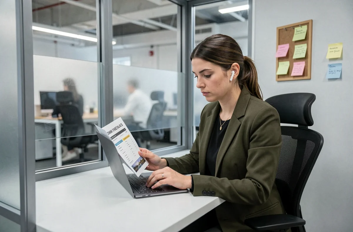 Femme professionnelle consultant les tarifs d'un espace de coworking dans un bureau privatif vitré à Ivry-sur-Seine