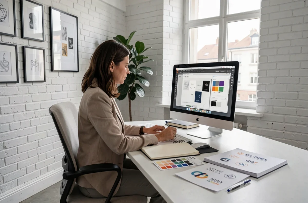 Professionnelle créative de l'agence Tatoun travaillant sur un projet d'identité de marque dans un bureau design moderne