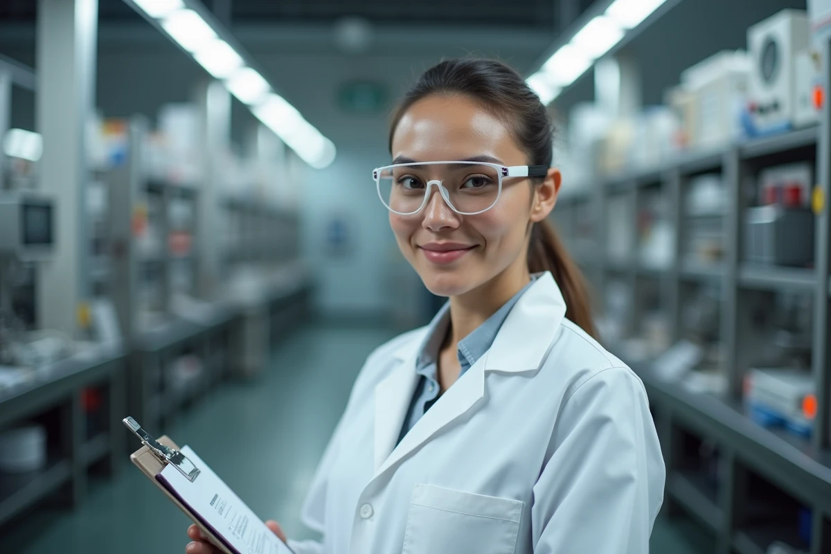 Technicienne en laboratoire industriel représentant un métier technique bien payé accessible avec un diplôme Bac+2