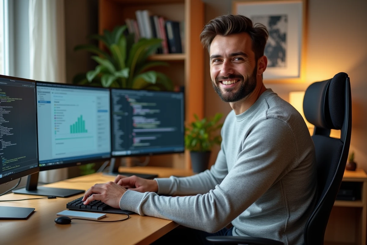 Homme travaillant depuis chez lui sur des outils numériques, illustrant les métiers du digital bien rémunérés avec un Bac+2