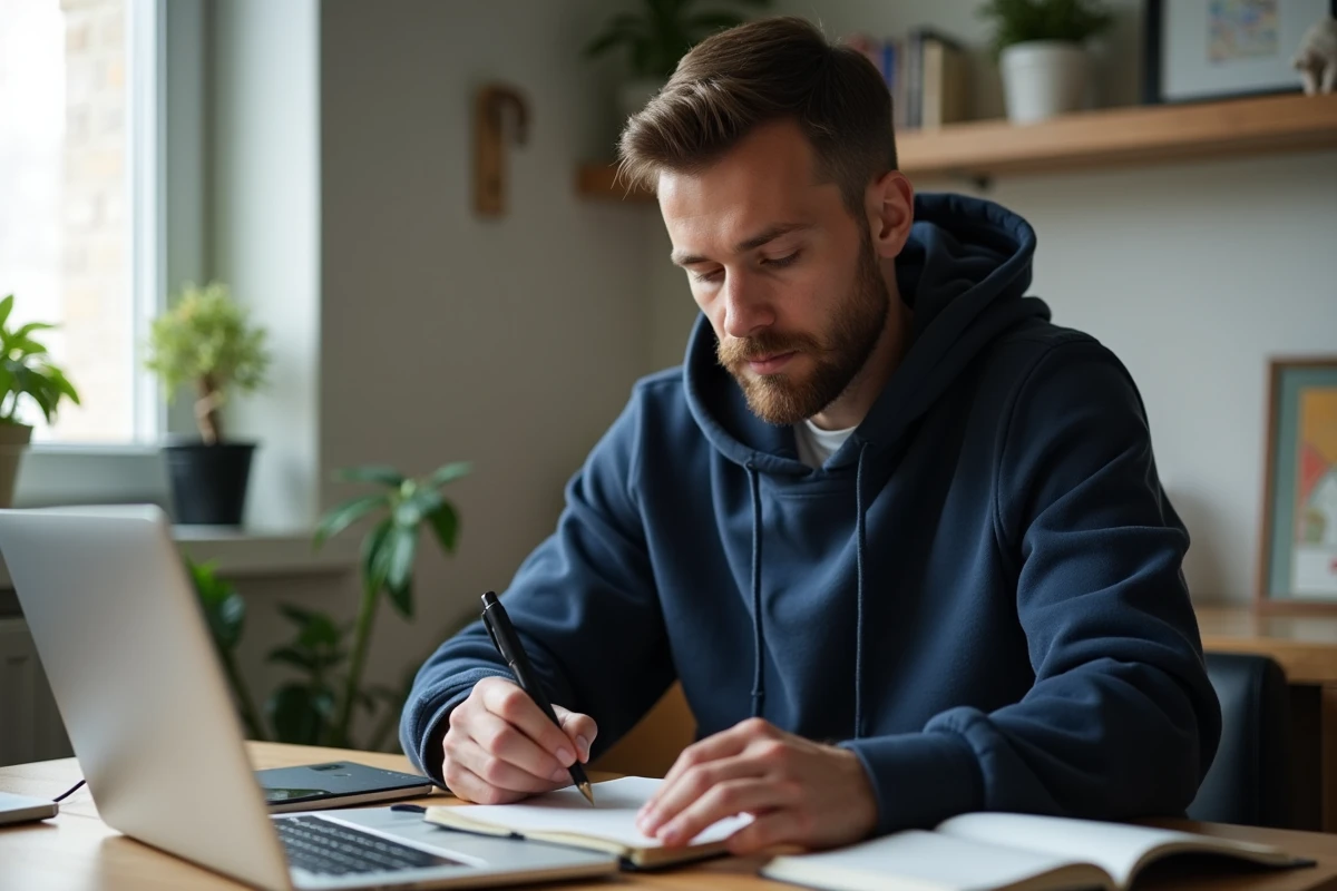Personne en télétravail prenant des notes dans un appartement minimaliste, illustration d'un métier accessible sans diplôme ni expérience