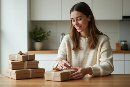Femme travaillant à domicile sur l'emballage de colis en kraft posés sur une table en bois dans une cuisine lumineuse