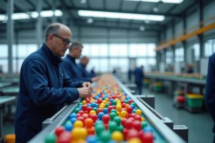 Ligne d'assemblage automatisée dans une usine européenne de fabrication de jouets Playmobil avec des figurines colorées sur tapis roulant