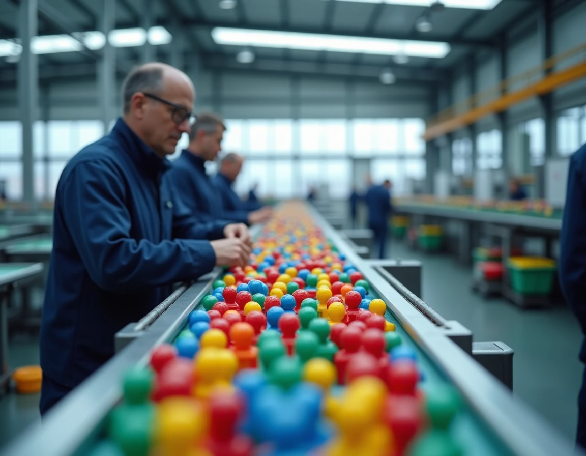 Ligne d'assemblage automatisée dans une usine européenne de fabrication de jouets Playmobil avec des figurines colorées sur tapis roulant