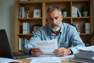 Homme examinant des documents financiers suspects liés à une société commerciale douteuse