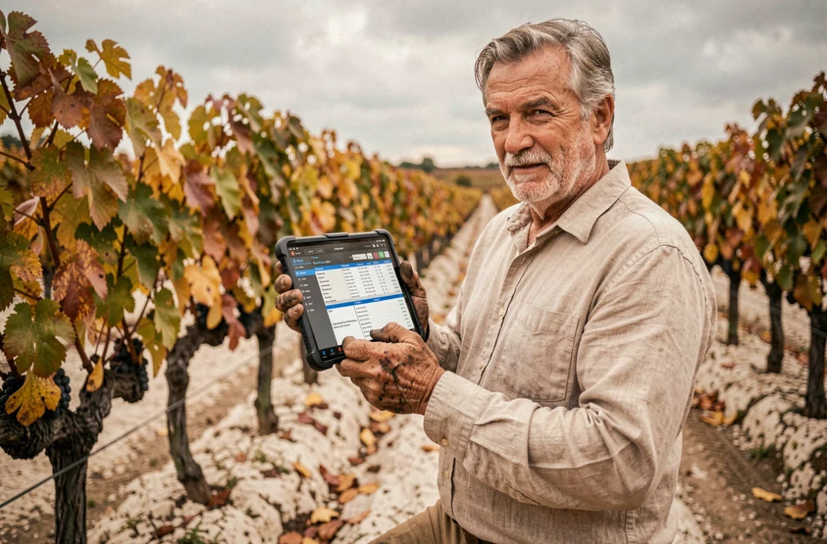 Vigneron expérimenté consultant les données parcellaires sur tablette via l'extranet professionnel CIVC au milieu du vignoble champenois en automne
