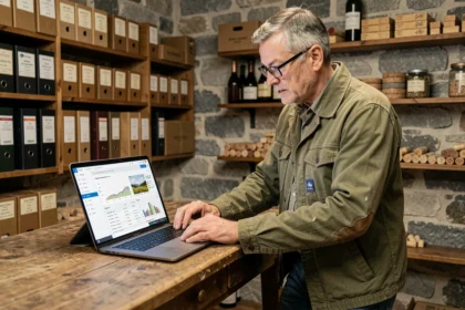 Viticulteur champenois consultant le portail extranet professionnel CIVC sur un ordinateur portable dans son bureau de cave