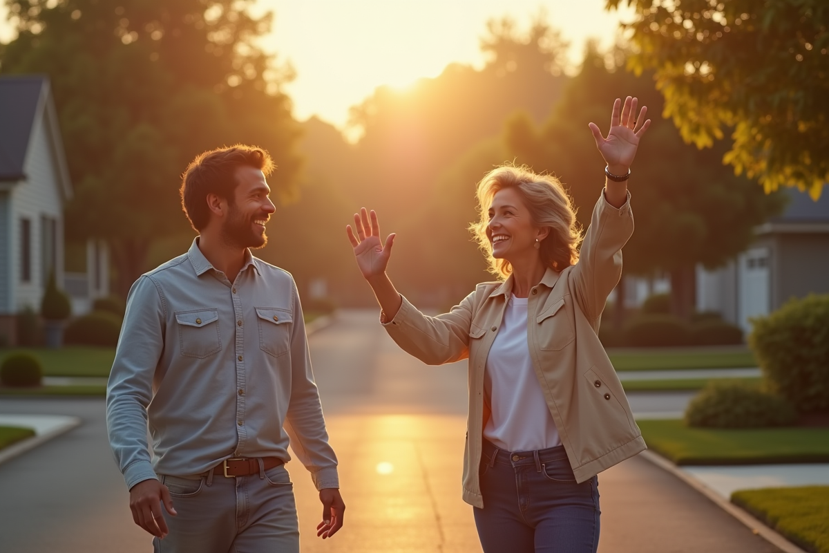 Deux voisins souriants se saluant dans une rue ensoleillee