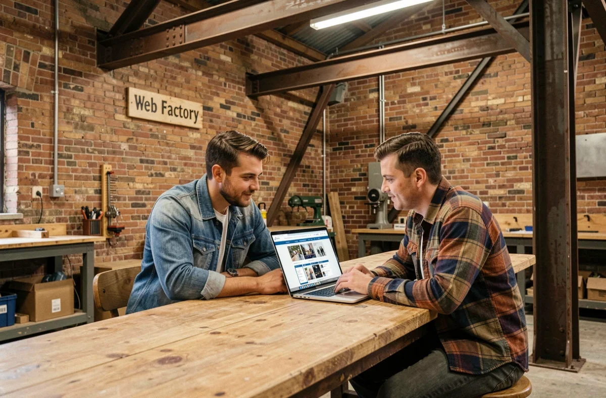 Deux développeurs de Web Factory collaborant sur un projet web dans un atelier industriel rénové à Caen